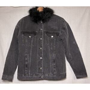 American Eagle Outfitters Faux Fur Destroyed Denim Boyfriend Jacket Women's S‎